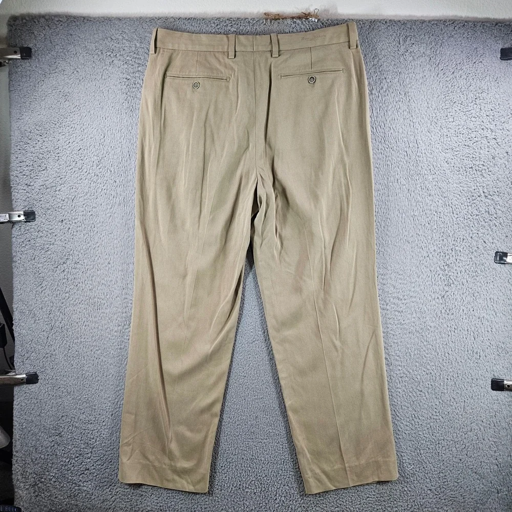 Tommy Bahama Mens 36x30 Silk Bamboo Pleated Pants Khaki Tan Herringbone Dress